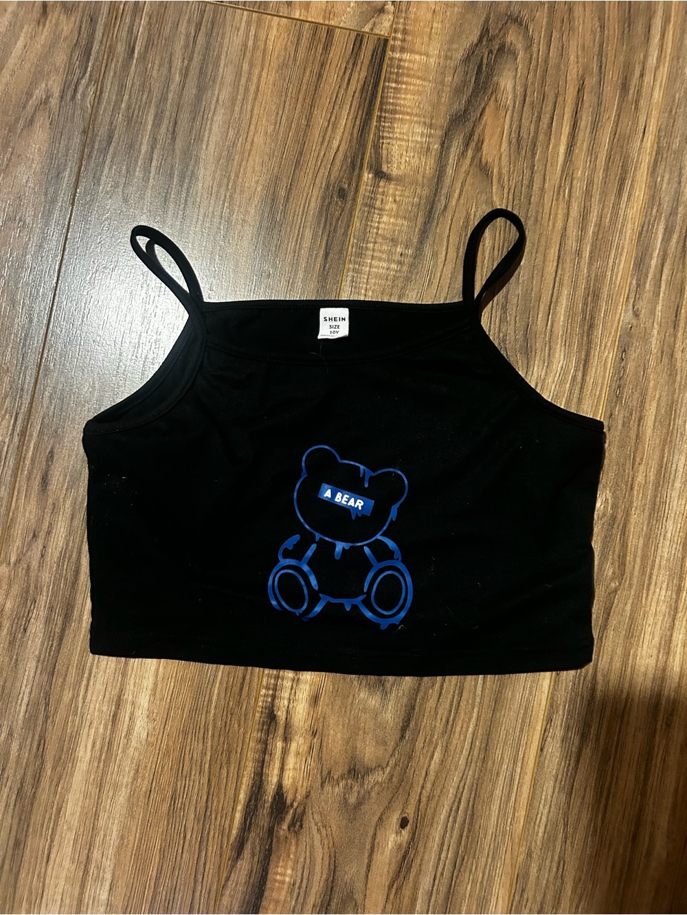 Black Cropped Spaghetti-Strap Tank with Blue Bear Graphicy